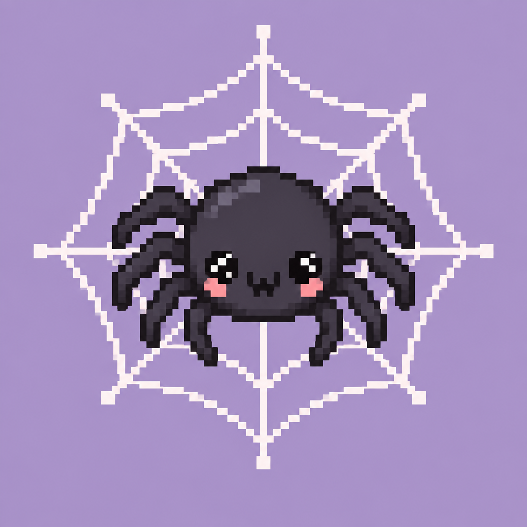 Cue kawaii spider on a spiderweb. Plain background