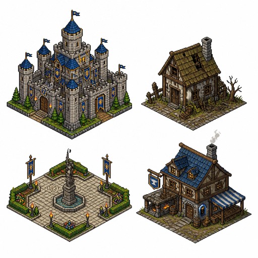 An isometric pixel art sprite sheet of 4 individual medieval buildings, a big castle for the leader a verkrot huis and an plein versierd met medieval beauty and paved, generous spacing between assets, knolling layout, neatly arranged on a solid plain white background, 16-bit aesthetic, pure pixel art, sharp pixel edges, pixel-perfect, clean 2:1 pixel lines, crisp details, no anti-aliasing --ar 16:9