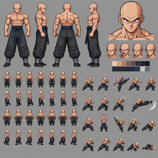 Full-body sprite sheet of a 32-bit anime RPG character, DBZ style, BYOND Generation New Order aesthetic. A white human male, completely bald, shirtless, highly muscular with chiseled 6-pack abs, wide shoulders, and defined pectorals. Character is wearing dark loose-fitting martial arts pants with a fabric belt sash. Crisp pixel art, clean 32x32 and 64x64 grid layout, distinct color palette, sharp anti-aliased shading, solid dark outlines on background. Orthographic view, character design sheet, video game assets on a solid flat isolated light grey background, no dithering, perfect grid layout.
