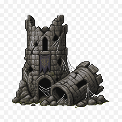 Can you generate me a fantasy style medieval 64x64 pixeled destroyed tower with the top on the ground front view on a completely transparent background. I want the tower to be cracked stone all around and have spider webs all over it. 