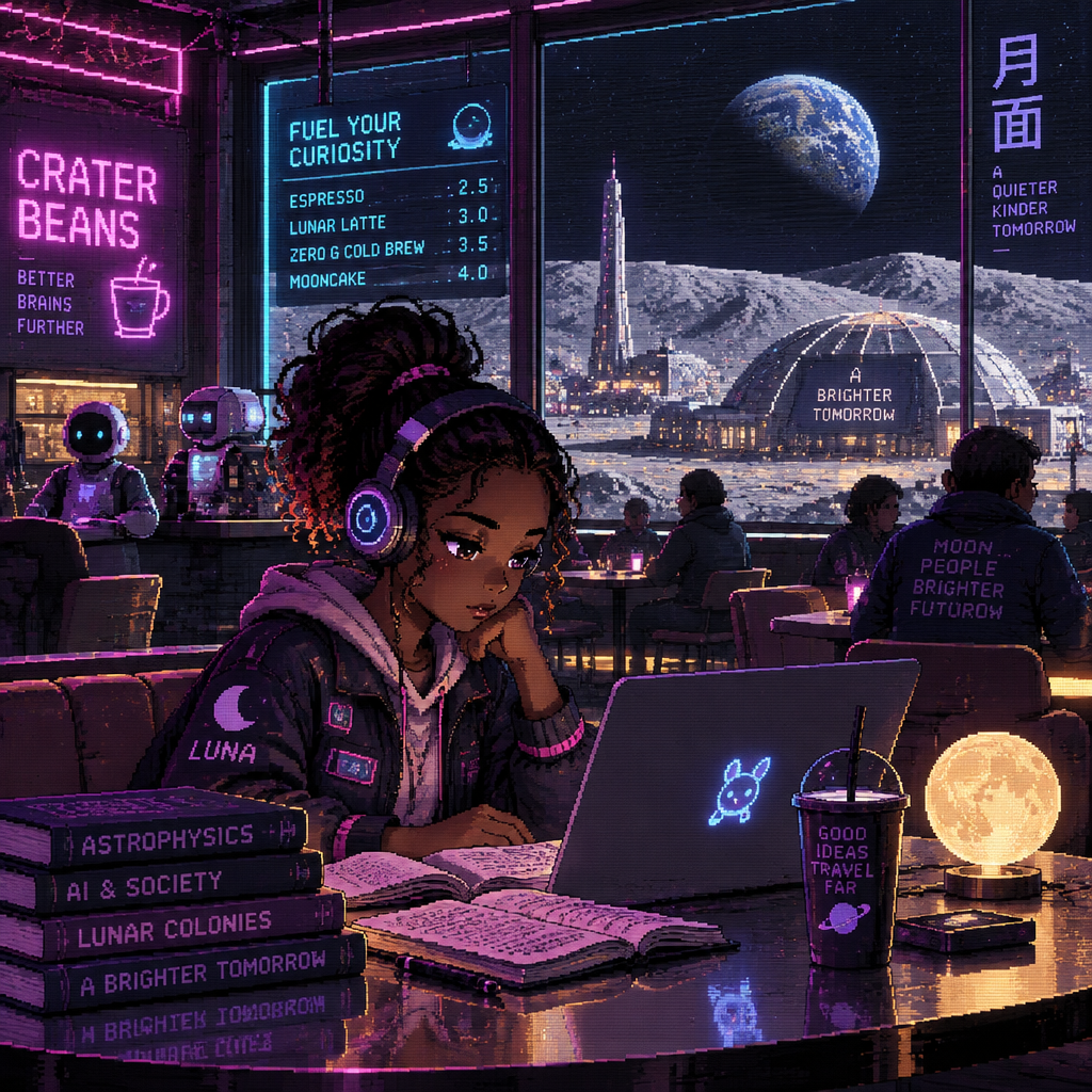 A young girl with dark skin studies with a laptop at a futuristic cafe on the moon
