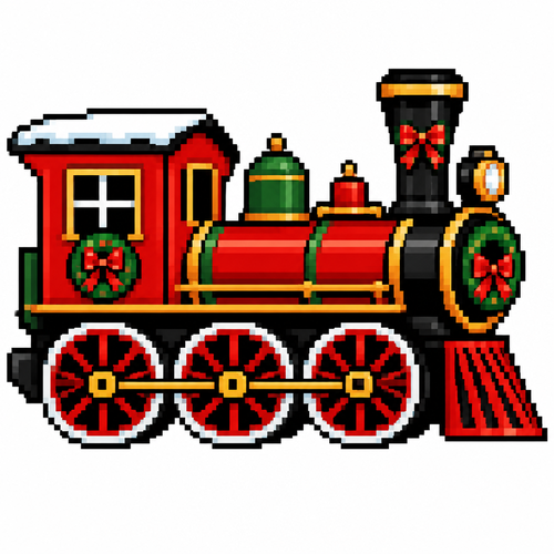 High contrast image on a white background of a Xmas train engine with three large wheels 