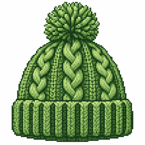 A knitted bobble hat with a dense pom-pom and raised cable pattern. White background 