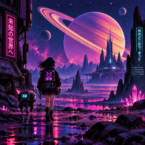 Young girl walking on an alien planet with saturn rising behind her