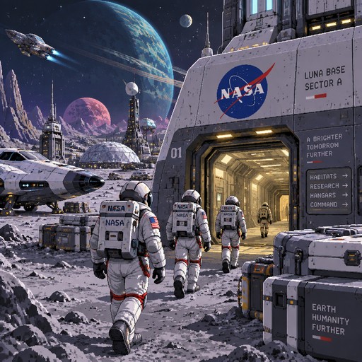 Futuristic NASA-Punk moonbase astronauts Walking into the entrance entrance