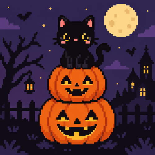 Cute kawaii black cat sitting onto of two stacked jack-o’-lantern s 