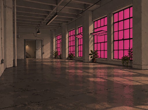 Pixel art of an empty industrial room with magenta-lit windows and potted plants.