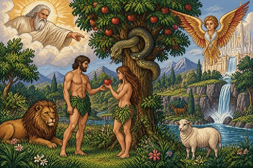 Añadele adan y eva, y dios, y querubin y oveja y leon y serpiente
