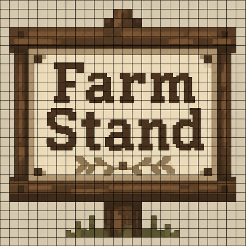 32x32 sign that says Farm Stand in beige, brown, neutral colors. Keep each pixel one color and overlay a grid so I can see each pixel 
