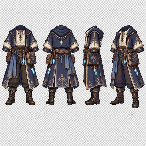 Create a pixel art clothing reference sprite sheet for an 8-directional walking animation for a male 2D game character. A medieval arcane scholar outfit, including a robe with a hood pulled down, golden chains with bluish glowing crystals dragging from a rope on his belt. He must have a satchel attached to his belt, and a spellbook as well.

Style: clean detailed pixel art for a character customization system. Transparent background. Clothing only — no head, no hair, no body, no face. Designed as a clothing overlay for a male character sprite.

Arcane Scholar clothing design:

* Tie-up long sleeve shirt
* Loose practical trousers suitable for movement.
* Leather belt with ropes, chained crystals, a spellbook and arcane trinks, as well as small pouch.
* Ornate leather boots.
* Optional cloth sash or scarf detail.
* Practical arcane robe, not military, not armor.

Create matching views:

1. Front view — complete outfit visible.
2. Back view — show back details and clothing shape.
3. Side view — accurate silhouette.
4. Diagonal View
Keep the exact same outfit design, colors, proportions, and details across all four views. The clothing must align perfectly with the same male base character model.

Arrange the 4 sprites in a clean grid layout. Pixel-perfect alignment. Transparent background. No text. No labels. No extra objects.

Game asset sprite sheet. Each image: 64×64 pixels. Designed to fit a 64×96 pixel male character base model.