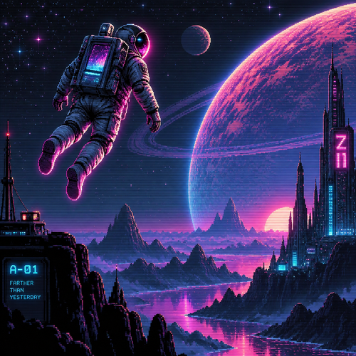 Astronaut floats above alien planet