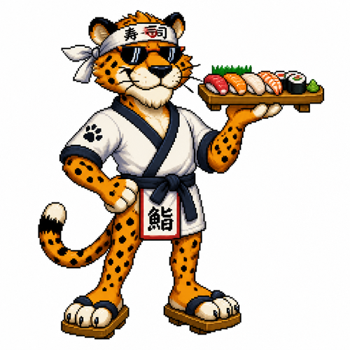 Cartoon sushi cheetah, full body, white background