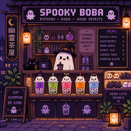 Cute kawaii spooky boba shop. Potion colored drinks with eyeball pearls and tiny spirit shaped lids