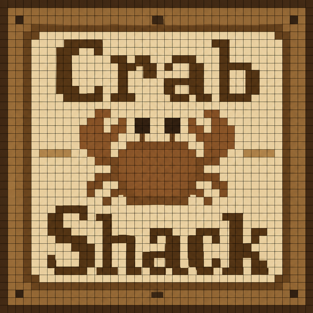 Create a 32×32 pixel art image for an Animal Crossing: New Horizons custom design. The canvas must contain exactly 32 columns × 32 rows of discrete square cells. Each cell must be a single, completely uniform solid color. NO gradients, shading, anti-aliasing, texture, dithering, highlights, transparency, or multiple colors within any individual cell. Every color change must occur only at the boundary between two cells. Make every pixel a perfect square of identical size. Add a thin grid line around every individual 1×1 pixel cell so all 32×32 cells are clearly visible. It should say Crab Shack in beige, brown, neutral colors. Use a limited color palette and hard edges only. Do not create details smaller than one pixel.