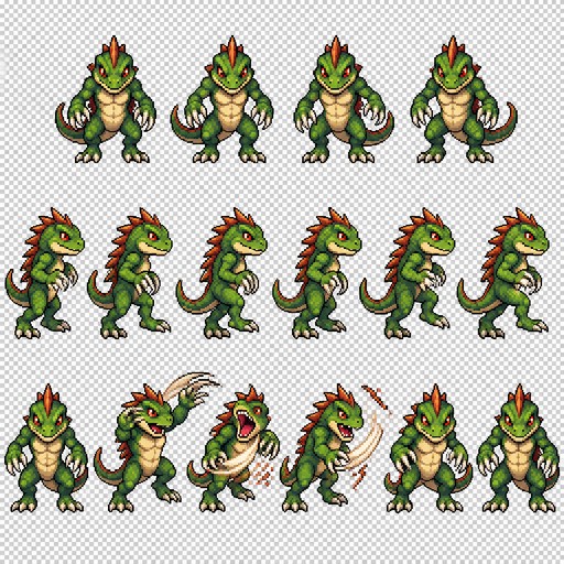 Create a 2D pixel art NPC sprite sheet of a Lizard enemy character.

Character:
- A fantasy Lizard creature NPC
- Top-down view (camera looking from above)
- Full body visible
- Cute but slightly dangerous game enemy design
- Detailed pixel art style
- Clean pixel edges, no anti-aliasing
- Suitable for a 2D RPG / adventure game
- Character size: 64x64 pixels per frame

Sprite sheet animation:
Create a single sprite sheet with multiple animation frames, each frame exactly 64x64 pixels.

Animations required:

1. Idle / Front Facing:
- Biped Lizard standing still facing the camera/top-down player view
- Neutral pose
- Claws slightly open
- 2-4 idle frames with subtle movement:
  - body bobbing
  - claws moving slightly
  - small leg movement

2. Side Step Movement:
- biped lizard moving sideways
- Walking animation cycle
- 4-6 frames:
  - legs alternating movement
  - body shifting left/right
  - claws balancing during movement
  - smooth walking loop

3. Attack Animation:
- Biped Lizard attacking by snapping its claws
- 5-6 frames:
  - claws opening wide
  - aggressive pose
  - claws quickly closing with impact
  - small motion effect pixels around claws
  - return to idle stance

Visual style:
- 16-bit / 32-bit classic video game pixel art
- High quality game sprite
- Clear silhouette
- Consistent proportions across all frames
- Transparent background
- No shadows outside the character
- No environment
- No text
- No UI elements

Composition:
- Arrange all animation frames in a clean sprite sheet grid
- Equal spacing between frames
- Same character scale and position in every frame
- Ready to import into a 2D game engine