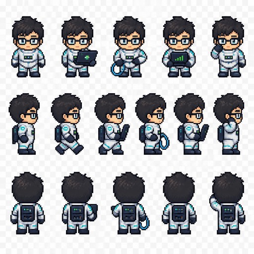 Create a 2D pixel art sprite sheet of a short astronaut character.

Style:
-retro pixel art 
-32x32 pixels 
-clean readable silhouette 
-limited colors palette (16-32 colors)
-transparent background 
-no anti-aliasing 
-constant lighting 
-game-ready asset
-suitable for a topdown-quality indie pixel game 

Layout:


front view (facing camera)

Character:
-An network engineer, network specialist
-short legs and a matching torso
-smooth body
-glasses should be transparent
-network themed colors but no official logos
-he should be cute but realistic

Requirements:
-no cropping 
-constant proportions
-transparent background 
-pixel perfect 
-no text
-no ui
-no borders
-no shadows outside the sprite 

Style reference: 
Stardew valley, core keepers,terraria, classic SNES pixel art, high-quality handcrafted sprite sheet.