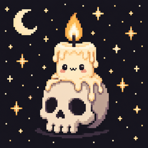 Cute kawaii wax candle sitting on top of a skull. Stars all around the background 