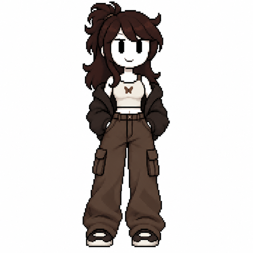 Jaiden animations but with the clothes and hair of the character original piel morena, full body front perspective negar 