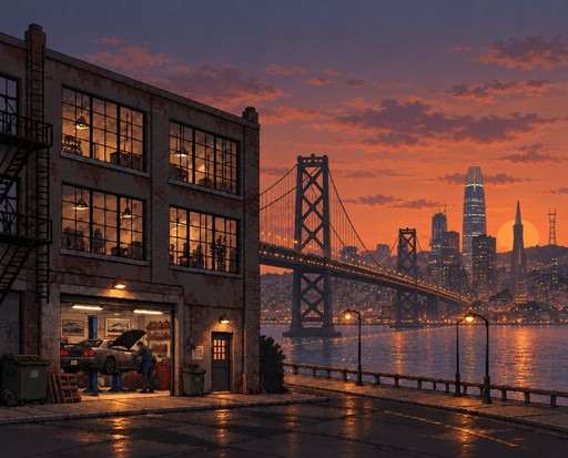 Pixel art city waterfront at sunset with a lit building and suspension bridge