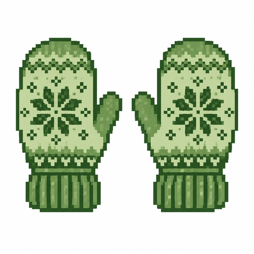 White background. A pair of wool mittens with knitted snowflake motifs and ribbed cuffs.