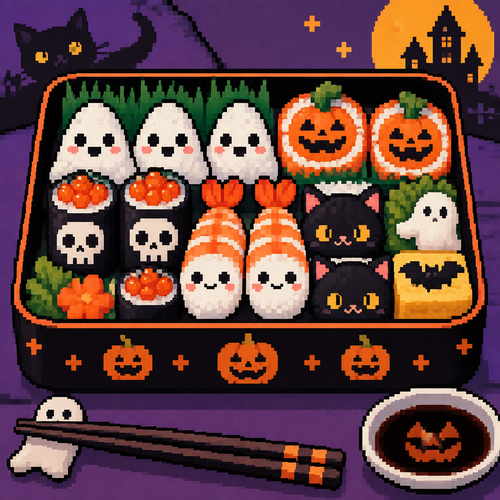 Spooky cute Kawaii Halloween sushi bento box
