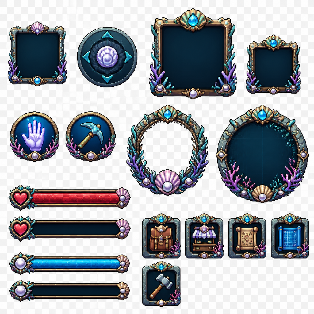 Create a pixel art user interface asset sprite sheet for a 2D underwater fantasy RPG game. Create a complete set of game UI elements arranged on one sheet.
Style: clean detailed pixel art UI, fantasy underwater theme. Transparent background. Consistent design language across all elements. Dark ocean colors, shells, coral textures, pearls, ancient sea civilization details. No text, no numbers, no characters, no background.
Create the following UI elements:
1. Empty inventory slot — square item slot frame, simple decorative border.
2. Joystick button — circular mobile control joystick with fantasy underwater design.
3. Primary weapon slot — highlighted weapon equipment slot with larger frame.
4. Secondary weapon slot — smaller equipment slot with matching design.
5. Interaction button (hand icon) — round action button with a hand symbol.
6. Interaction button (tool icon) — round action button with a tool symbol (pickaxe, wrench, or harvesting tool).
7. Avatar frame — decorative portrait frame for character avatar, underwater fantasy style.
8. Health bar — horizontal life bar frame with empty and filled versions.
9. Experience bar — horizontal XP progression bar frame with empty and filled versions.
10. Inventory button — square UI button with backpack/chest icon.
11. Shop button — square UI button with trade/store icon.
12. Blueprints button — square UI button with construction plans/scroll icon.
13. Building mode button — square UI button with hammer/building icon.
14. Minimap frame — decorative circular or square minimap border with underwater fantasy details.
Arrange all UI elements in a clean organized grid. Each element should be separated and ready to use as a game asset.
Pixel-perfect design. High quality pixel art. Consistent scale and style. Transparent background. No text labels. No extra objects.
Mobile 2D RPG game UI asset pack.