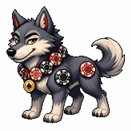 Cartoon poker chip wolf (quadruped), full body, white background