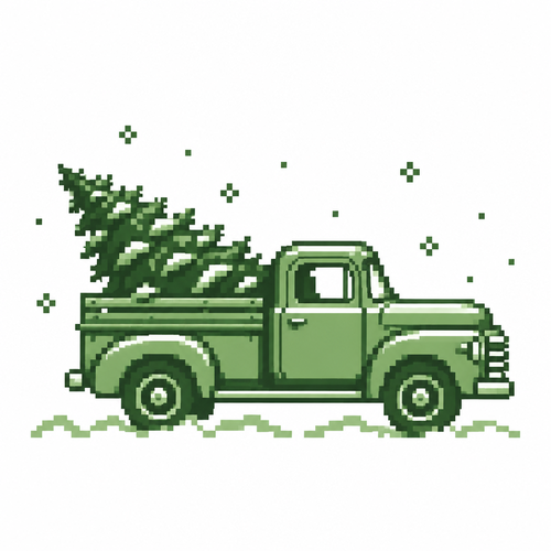 A vintage pickup truck carrying a Christmas tree through snow. White background 