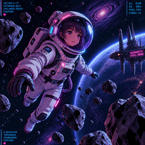 A young girl astronaut floating amongst asteroids and stars in space