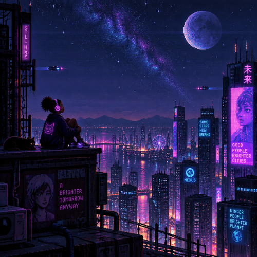 A young dark skin girl listens to music in headphones under the stars seen from a distance 