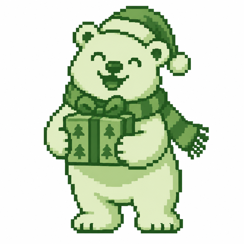 Smiling polar bear holding a Christmas gift. White background