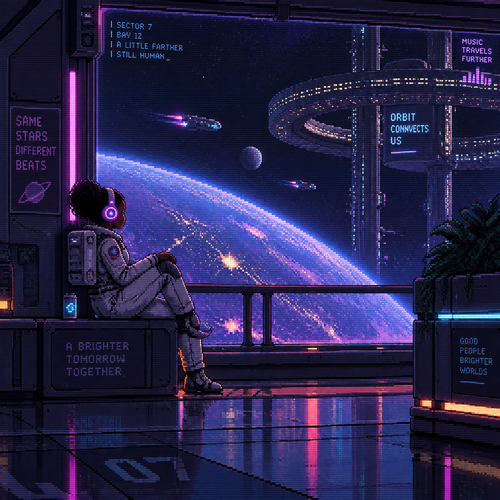 A young dark skin astronaut listens to music in headphones on a space station from a distance 