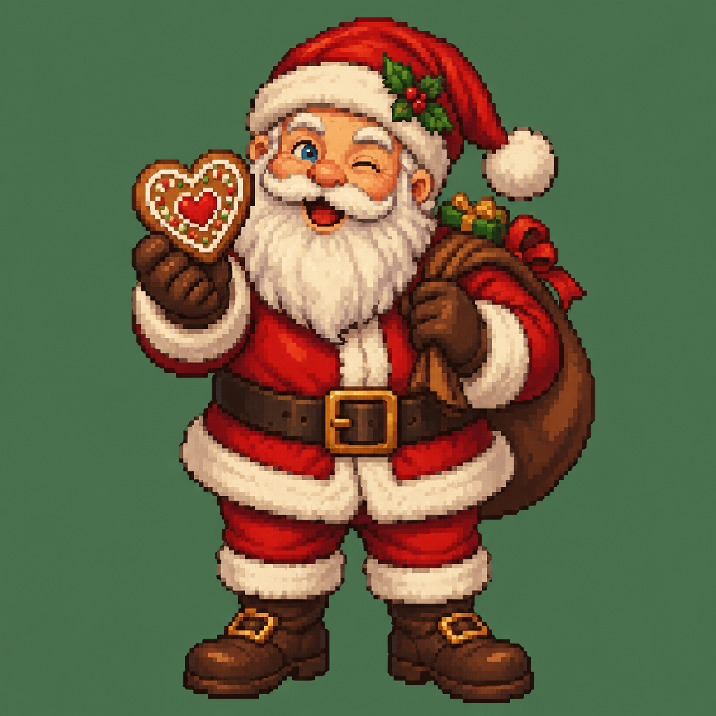 Santa holding a heart shaped cookie. Plain background