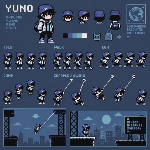 16x16 oc for a chill webcore game, his name is yuno. he has a grappling hook, but he uses it to swing around, not attack