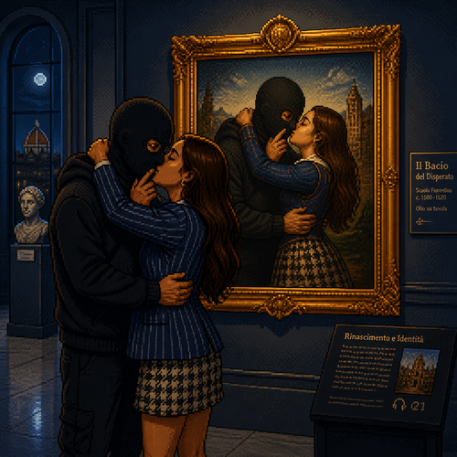 museum interior at night, couple kissing in the foreground, mirroring the exact pose of the Renaissance-era painting displayed behind them, large gilded framed painting showing a man and woman in Renaissance period clothing embracing in the same pose — her arms wrapped around his neck, heads tilted together in a kiss, man in black clothing and a black hoodie wearing a plain black balaclava-style mask covering his entire head and face, two simple round eye holes showing brown eyes, hand raised near the woman's face echoing the painted figure's gesture, tan-skinned woman with long brown hair wearing a blue pinstripe blazer and houndstooth skirt, arms wrapped around his neck matching the painting's embrace, museum placard and info panel visible on the wall nearby, dim gallery lighting, cool grey-blue tones, warm gold frame lighting on the painting, moody cinematic atmosphere, visual parallel between the modern couple and the Renaissance painting behind them, 16-bit pixel art, dithered shading, limited color palette, hard pixel edges, retro game aesthetic, cinematic framing