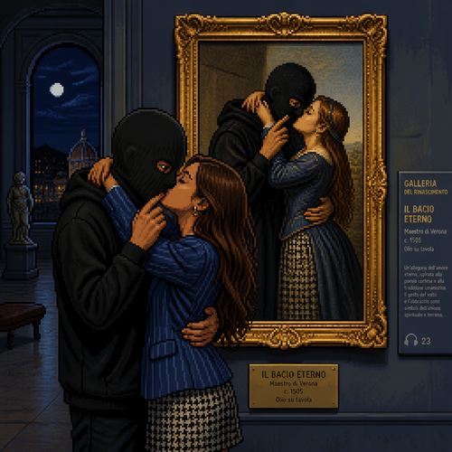museum interior at night, couple kissing in the foreground, mirroring the exact pose of the Renaissance-era painting displayed behind them, large gilded framed painting showing a man and woman in Renaissance period clothing embracing in the same pose — his hand raised to her face, her arms wrapped around his neck, heads tilted together in a kiss, man in black clothing and a black hoodie wearing a plain black balaclava-style mask covering his entire head and face, two simple round eye holes showing brown eyes, hand raised near the woman's face echoing the painted figure's gesture, tan-skinned woman with long brown hair wearing a blue pinstripe blazer and houndstooth skirt, arms wrapped around his neck matching the painting's embrace, museum placard and info panel visible on the wall nearby, dim gallery lighting, cool grey-blue tones, warm gold frame lighting on the painting, moody cinematic atmosphere, visual parallel between the modern couple and the Renaissance painting behind them, 16-bit pixel art, dithered shading, limited color palette, hard pixel edges, retro game aesthetic, cinematic framing
