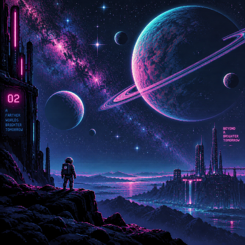 A young astronaut seen from a great distance looks up at planets and stars