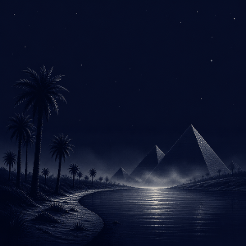 dark moody digital painting, deep night over a curving river lined with tall palms, pyramid
silhouettes across the water, strictly limited color palette (2-3 tones maximum): midnight
blue and bone white only, no other hues, soft mist rising off the river, scattered stars,
empty of people and animals, vast open negative space in the sky, no text, 18-bit pixel retro aesthetic