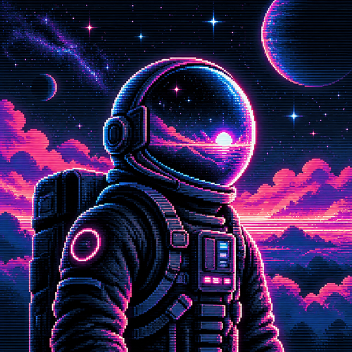 faceless astronaut with a bubble helmet in front of clouds and stars.