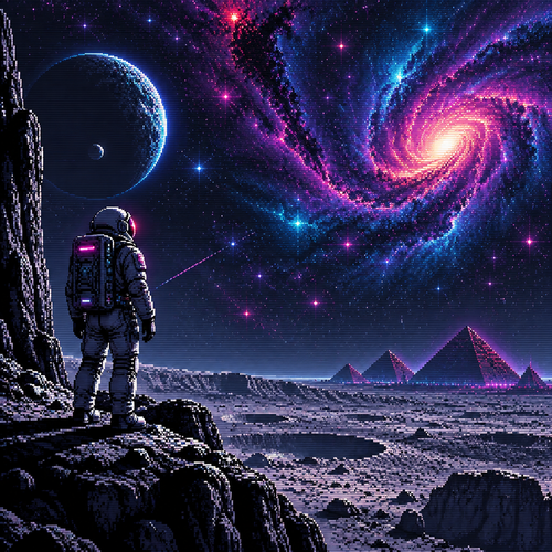 In a 16:9 image, show an astronaut looking up at stars and nebulas from the moon with pyramids in the far distance 
