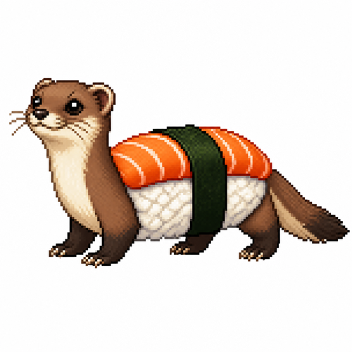 Cartoon sushi weasel (quadruped), full body, white background