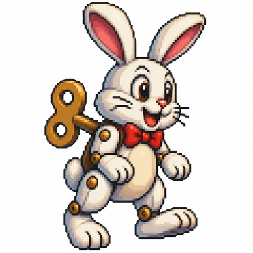 Cartoon wind-up rabbit, full body, white background