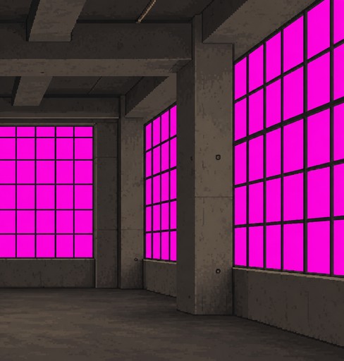 Pixel art concrete room with glowing magenta grid windows and tiled floor