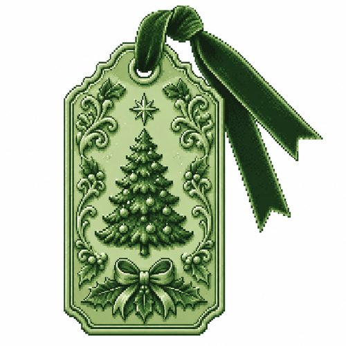 White background. Realistic An ornate Christmas gift tag with raised filigree and a knotted velvet ribbon.