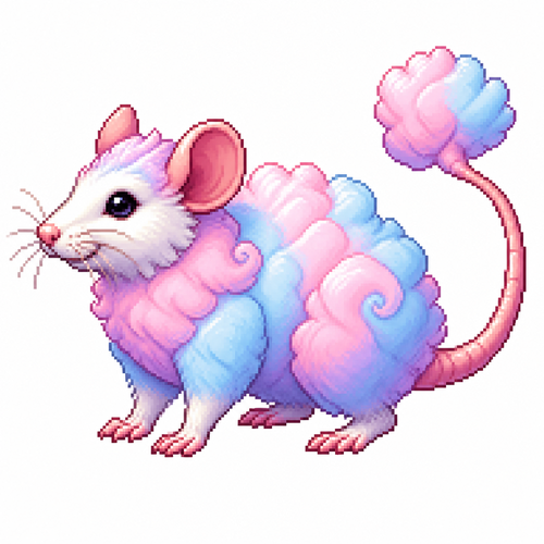 Cartoon cotton candy rat (quadruped), full body, white background