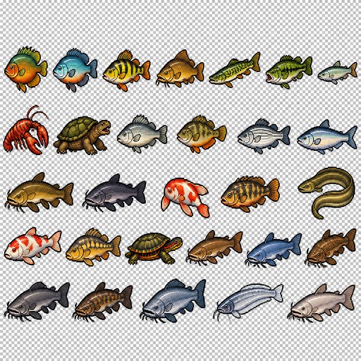 Create a 2D pixel art sprite sheet featuring 27 individual icons each exactly 32x32  pixels, arranged horrizontally and vertically spaced evenly. Style: classic fantasy RPG, inspired by 16bit games, with crisp pixel art, clean outlines, subtle shading, and a cohesive color palette. Use a transparent background. Each Icon  should be centered within its 45x45 canvas and remain highly readable at small sizes. 

The 30 icons are: 
1: Sunfish
2: Bluegill
3: Yellow Perch
4: Carp
5: Chain Pickerel
6: Largemouth Bass
7: Emerald Shiner
8: Red Swamp Crayfish
9: Snapping Turtle
10: White Perch
11: Rock Bass
12: White Bass
13: Shad
14: Brown Bullhead
15: Black Bullhead
16: American Eel
17: Koi
18: Mirror Carp
19: Painted Turtle
20: Channel Carfish
21: Blue Catfish
22: Flathead Catfish
23: Wels Catfish
24: Goonch Catfish
25: Mekong Giant Catfish
26: Glass Catfish
27: White Catfish

Requirements: 
	•	Each icon must be exactly 32x32 pixels.
	•	Output as a sprite sheet with each icon occupying its own 32x32 cell.
	•	Transparent background.
	•	No text, labels, borders, or UI elements.
	•	Consistent Fantasy RPG Aesthetic across all icons.
	•	High contrast and excellent readability for use in a game interface.
	•	Clean polished pixel art with enough detail for low resolution sprites.
	•	Avoid anti-aliasing, blurring, or painterly effects; preserve a true pixel art appearance.