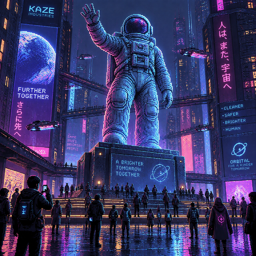 An four story astronaut statue is visited by dozens of people