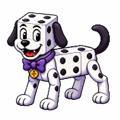 Cartoon dice dog (quadruped), full body, white background