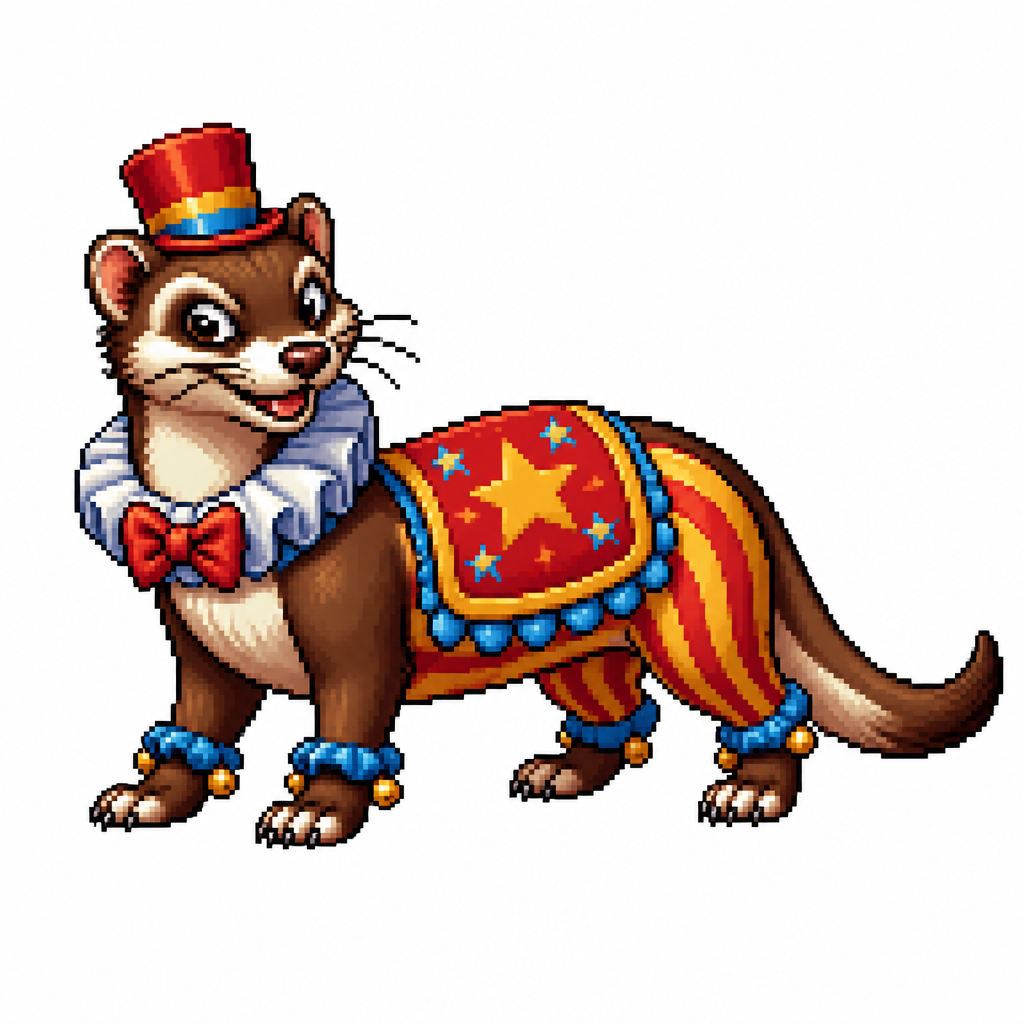 Cartoon circus weasel (quadruped), full body, white background