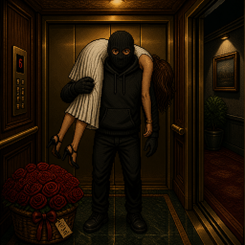 elevator interior at night, man wearing a black hoodie and black clothing with a plain black balaclava-style mask covering his entire head and face, two simple round eye holes showing brown eyes, carrying a tan-skinned woman with brown hair over one shoulder, woman wearing a white pleated dress and black heels, one arm dangling down, dim warm elevator lighting, closed elevator doors in background, hallway visible to the side with a framed picture and small plant, large basket of red roses sitting on the floor in the foreground, moody cinematic lighting, dramatic shadows, 16-bit pixel art, dithered shading, limited color palette, hard pixel edges, retro game aesthetic, cinematic framing